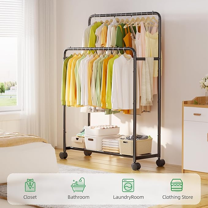 Simple Trending Clothing Clothes Rack Double Rods with Wheels, Rolling Metal Garment Rack for Hanging, Black