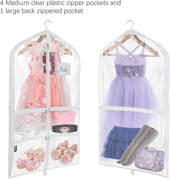 Univivi Clear PVC Dance Costume Bags (3 Pack) Garment Bag 40 Inch for Dance Competitions, with 4 Medium Clear Zipper Pockets and 1 Large Back Zippered Pocket [Upgraded Version]