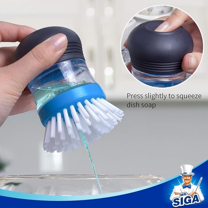 MR.SIGA Soap Dispensing Palm Brush, Kitchen Brush for Dish Pot Pan Sink Cleaning, Pack of 2, Navy/Blue