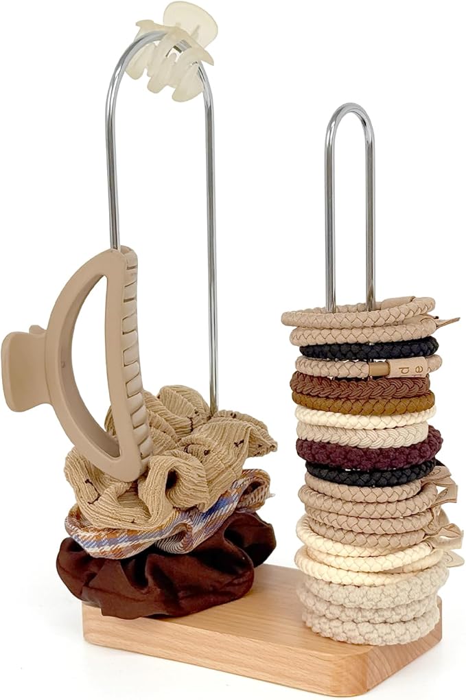2-Tier Hair Tie Organizer, Modern Scrunchies Storage Tower Holds 50-70 Hair Accessories, Claw Clip Holder, Fashion Countertop Display Stand for Women & Girls(Natural)