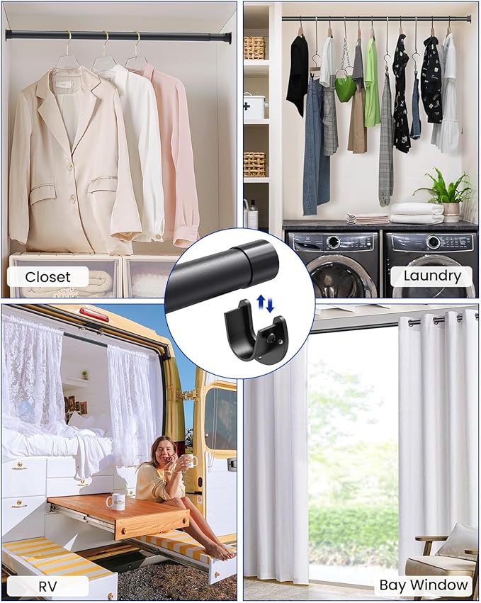 Closet Rods for Hanging Clothes, 17 to 54 Inches Stepless Adjustable Metal Closet Rod, 1.3 Inches Heavy Duty Clothes Hanging Rod for Closet Wardrobes Laundry RV, Black