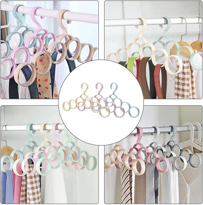 BESPORTBLE 3pcs Multifunctional Clothes Hangers with 6 Rings for Scarves, Ties, and Belts, Household Wardrobe Accessory Organizer, Convenient Non-Slip Storage Solution for Closet Random Color