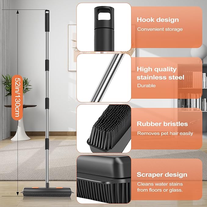 FUNNSOO Rubber Broom with Squeegee for Pet Hair Removal, 52" Adjustable Carpet Rake, Reusable Floor & Carpet Cleaning Tool, Includes Microfiber Cloth and Pet Hair Comb