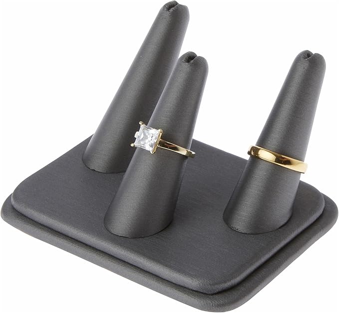 Plymor Gray Faux Leather Ring Finger Display, Three on Rectangular Base, 4.125" W x 3.25" D x 2.25" H (Pack of 2)