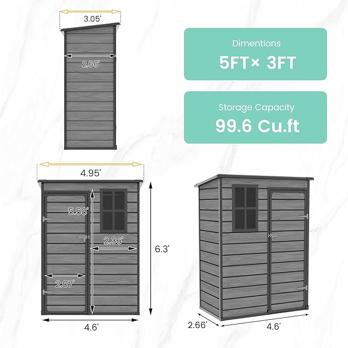 UDPATIO Outdoor Storage Shed 5x3 FT, Plastic Garden Shed for Bike, Garbage Can, Tool, Outside Sheds & Outdoor Resin Shed with Lockable Door for Backyard, Patio, Lawn, Dark Grey