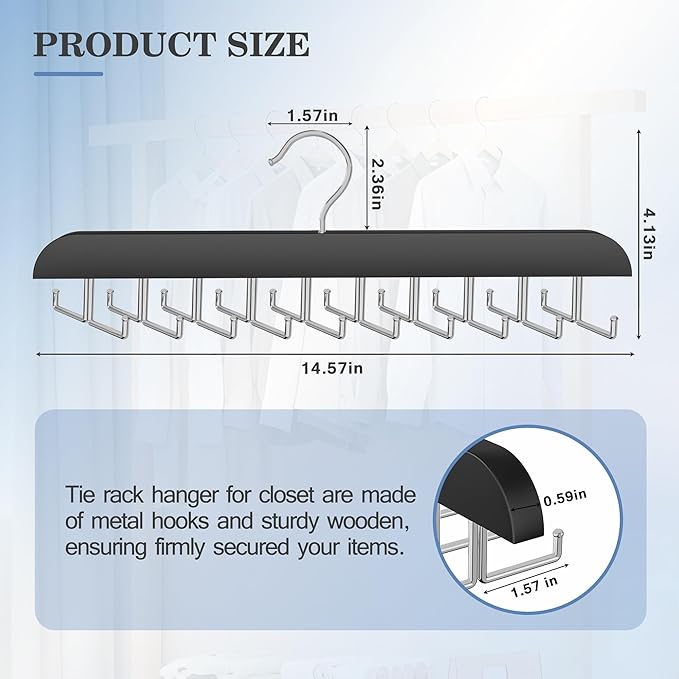 Tie Rack Hanger for Closet 20 Foldable Hooks, 1 Pack Wooden Non Slip Large Capacity Space Saving Tie and Belt Organizer with 360°Rotating Hooks for Tank Tops Bras Scarves Hat