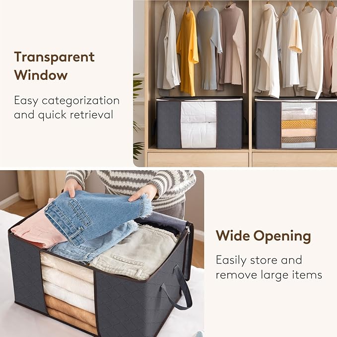 Lifewit 6 Pack 60L Clothes Storage Bins with Lids, Foldable Blanket Storage Bags with Zippers, Clear Window and Reinforced Handles, Closet and Organization for Clothing, Sweater, Comforter, Bedding