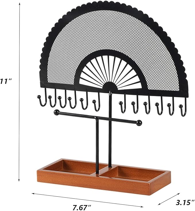 TANG SONG 11" Metal Fan-Shaped Jewelry Display Stand – Earring & Necklace Organizer Holder for Bracelets, Chains for Home Display