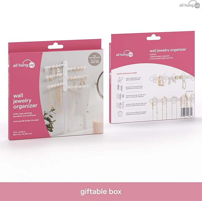 6-Tier 6" Wall Jewelry Organizer, Command Strips included for Easy Hanging, 120 Hole Earring Organizer, Necklace Organizer, Bracelet Holder, Ring Holder, Rotating Branches (White Small)