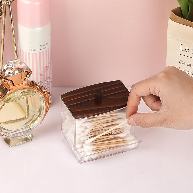 Hipiwe Clear Acrylic Qtip Holder Apothecary Jar with Wood Lid Cotton Ball and Swab Organizer Bathroom Accessories Canister Paperclip Organizer for Cotton Round Pads, Floss Picks