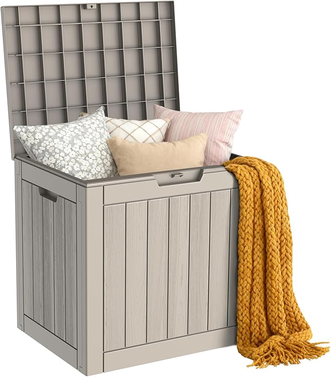 Outdoor Storage Box, 35 Gallon Deck Box Waterproof, Resin Patio Storage Bin for Package Delivery, Patio Furniture Cushion, Garden Tools, Pool Accessories, Weatherproof, Grey