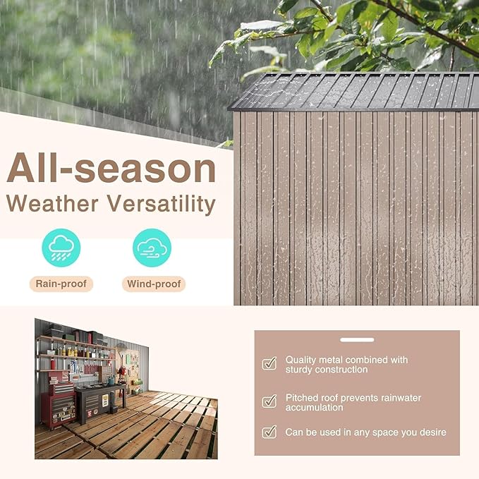 10x14 FT Outdoor Storage Shed, Large Garden Shed with Updated Frame Structure and Lockable Doors, Metal Tool Sheds for Backyard Garden Patio Lawn, Brown