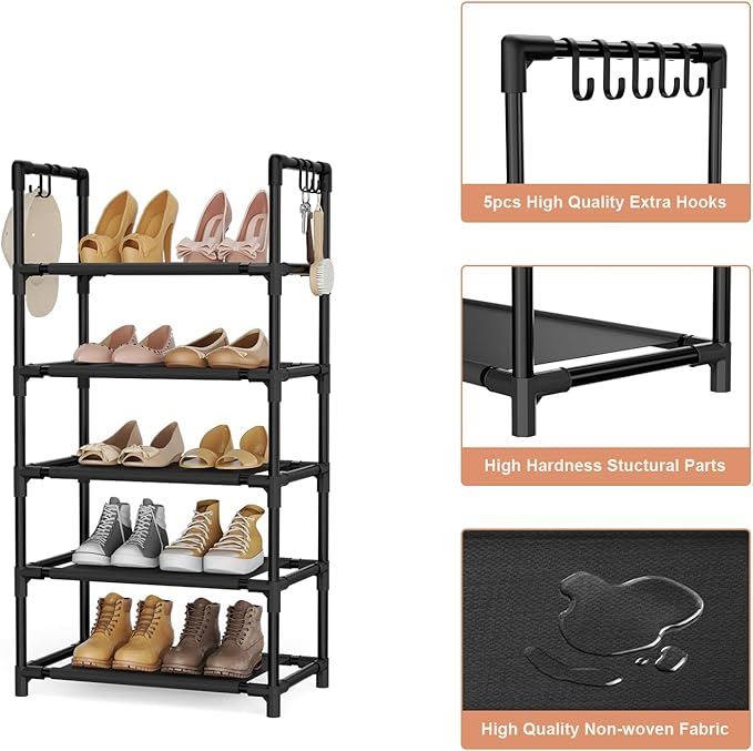 5 Tiers Shoe Rack 12-15 Pairs Boots Organizer Storage Sturdy Narrow Shoe Shelf for Entryway, Closets with Hooks, Black