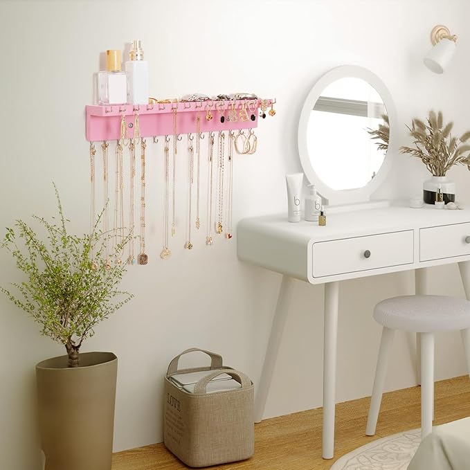 Necklace Holder Organizer Wall Mount,Jewelry Holder Organizer with 30 Hooks,Oak Jewelry Organizer and Storage for Necklaces,Bracelets and Rings (Pink)