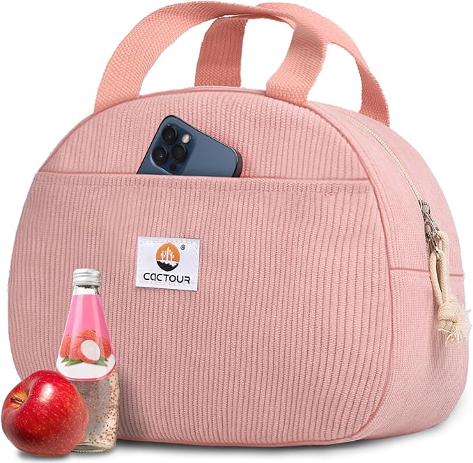 Lunch Box Lunch Bag for Women Girls Teens, Cute Lunch Box Cooler Bag, Portable Small Insulated LunchBox Reusable Corduroy Lunch Tote for Work/Travel/Picnic/School(Pink)