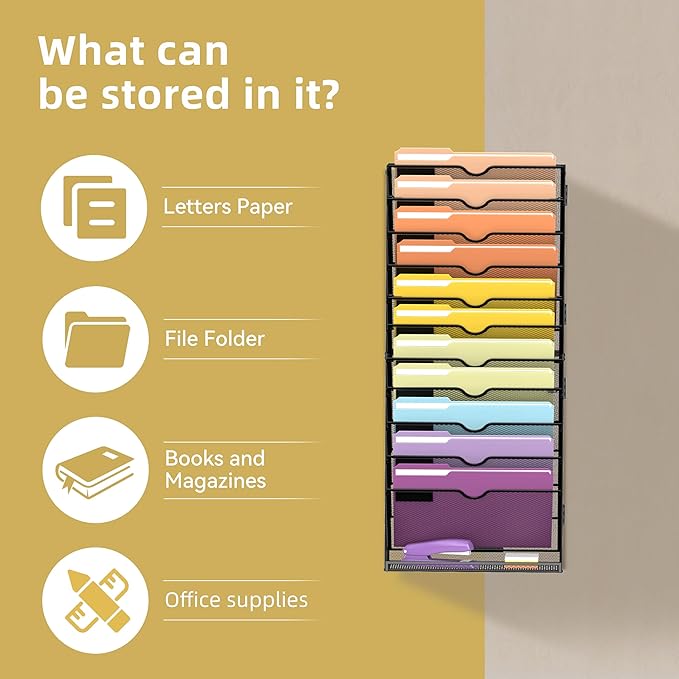 SUPEASY 12-Tier Hanging Wall File Holder Organizer for Papers, Folders, Files Clipboard & Magazine Organization Great for Office Home, Assembly Needed, Black