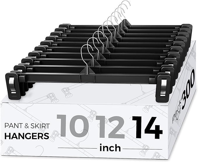 Smartor Space Saving Heavy Duty Hangers - 300 Pack, Slim Plastic Pants and Shorts Hangers, Ridged Non-Slip with Pinch Clips, 360-Rotating Chrome Swivel Hook, Black, 14 Inches