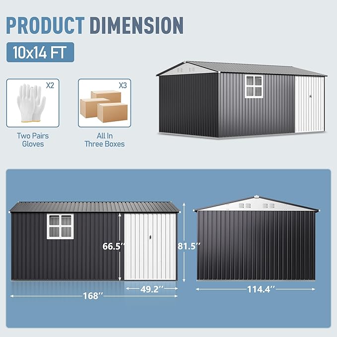 14x10 FT Outdoor Metal Storage Shed with Window, Heavy-Duty Galvanized Steel Tool Shed with Lockable Doors, Waterproof Garden Shed for Backyard, Patio, Lawn, Black