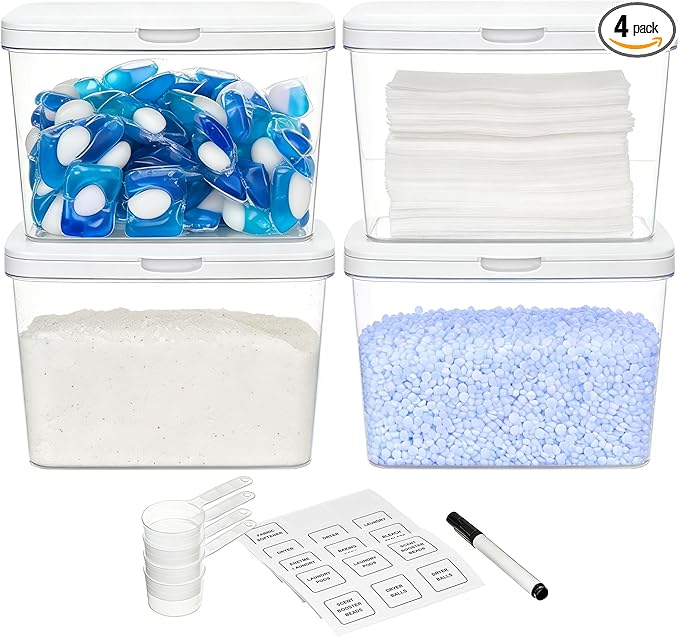 Vtopmart 4 Pack Laundry Pods Container and Dryer Sheet Holder, Detergent Powder Container with Lids &Labels & Scoop for Laundry Room Organization, Laundry Storage for Powder, Pods, Scent Booster Beads
