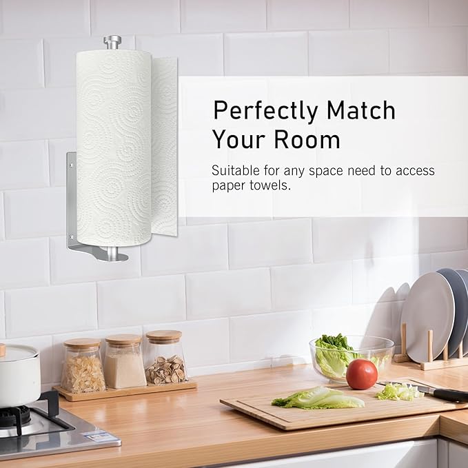 SetSail Paper Towel Holder Under Cabinet Single Hand Operable with Adjustable Damper Easy Tear Paper Towel Holder Wall Mount for Kitchen Bathroom, Adhesive or Screw, Silver