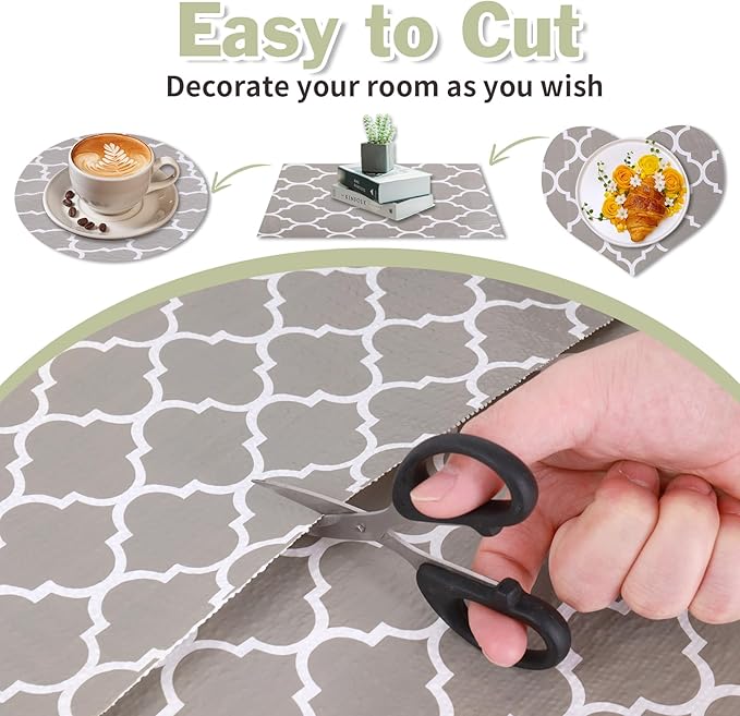 Drawer and Shelf Liner for Kitchen Cabinet: 23.6 in X 30 Ft Non Slip Waterproof Shelf Paper Non Adhesive Refrigerator Liners Gray Quatrefoil Easy Liners for Bathroom Cupboard with Knife Tape Measure
