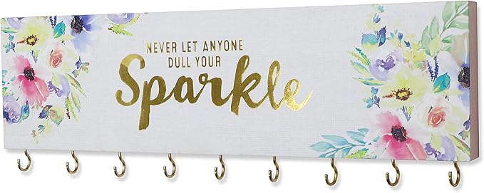 SANY DAYO HOME Never Let Along Dull Your Sparkle Wall Mount Necklace Holder Organizer with 9 Jewelry Hooks for Ring, Hair Bow, Headband, Purse - Wall Decor for Girls Room