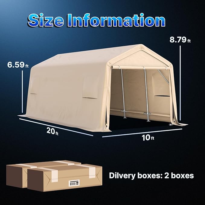 ADVANCE OUTDOOR Heavy Duty Carport 10X20 ft Outdoor Patio Portable Canopy Storage Shelter Shed with 2 Rolled up Zipper Doors & Vents for Snowmobile Garden Tools, Beige