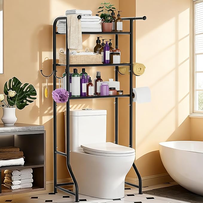 3-Tier Over The Toilet Storage Shelf，Bathroom Organizers and Storage Over Toilet，Metal Bathroom Space Saver with 2 Bars，1 Paper Holder and 4 Hooks,Black