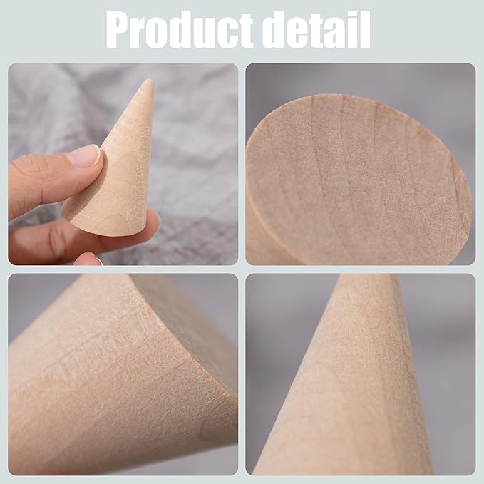 Framendino, 10 Pack Natural Wood Cone Ring Holder Finger Jewelry Display Stand Organizer for DIY Craft (Tilted Shaped)