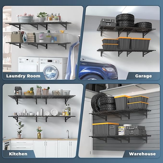 2 Pack Heavy Duty Garage Wall Shelving Set (1.5x4ft), Wall Mounted Garage Shelves 700lbs Capacity, 18"x48" Shelf Storage Rack Floating Shelves, Black