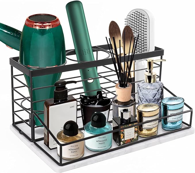 Hair Tool Organizer, Movable Hair Dryer Holder, Hair Styling Tools Storage for Vanity, Bath Counter Organizer, Bathroom Trays for Hair Toiletry, Makeup (12" x 7.7" x 5.8", Marble-Black)