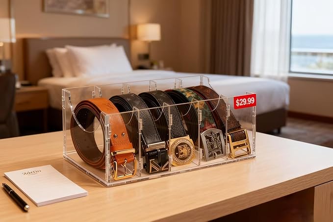 ECOSEAO DIY Belt Organizer, Clear Stackable Belt holder For Closet Drawer Storage - 5 Compartments, Multi-Purpose Display Bins With Inserts For Belts,Ties,Socks
