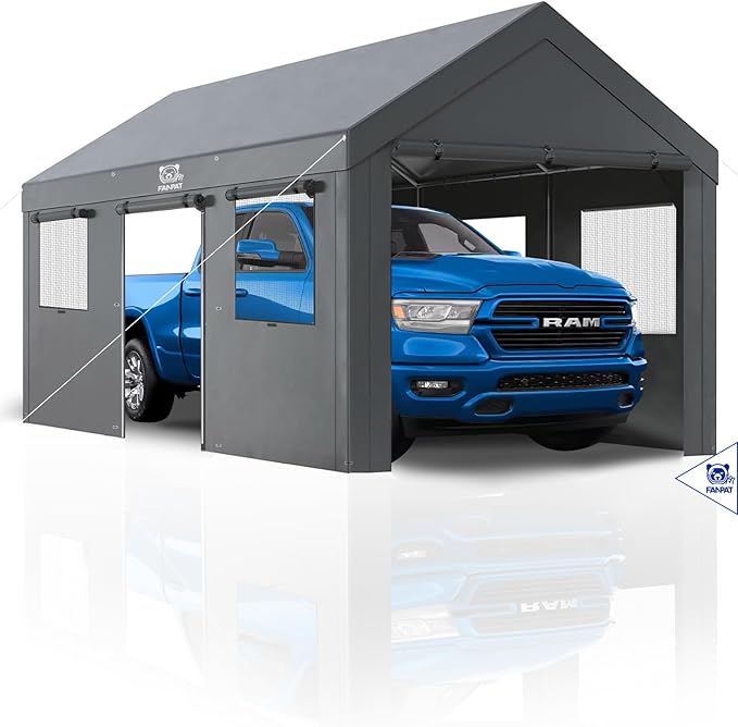 10x20ft Heavy Duty Carport, Waterproof UV Resistant Outdoor carports, Portable Garage Shelter with Rustproof Steel Frame, All Weather Protection for Vehicles Boats Equipment (Gray, 10x20ft)