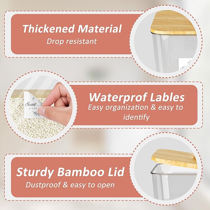 Laundry Room Organization and Storage, Laundry Pods Container with Bamboo Lids and Labels, Laundry Organizer with Scoops for Booster Beads, Powder, Pods, 4Pack