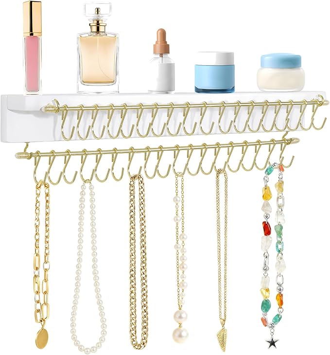 Necklace Holder Wall Mounted Necklace Organizer with 36 Hooks, Hanging Jewelry Organizer for Bracelets, Rings and Necklaces Display Storage for Girls and Women