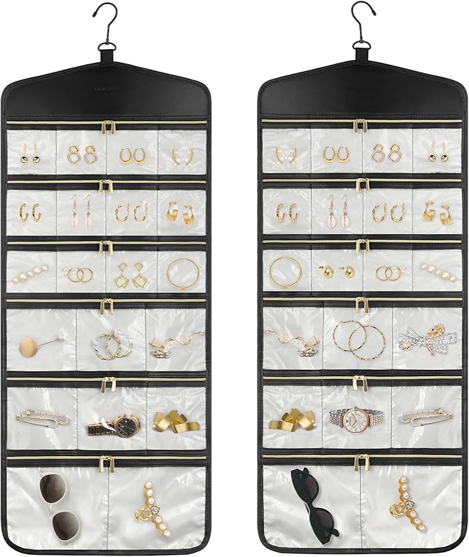CHICECO Hanging Jewelry Organizer With Zippered Pockets,40 Pockets Travel Jewelry Organizer Storage for Cloest,Wall,Door (Beige)