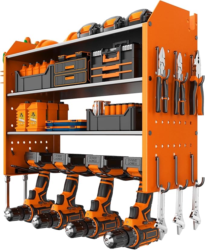 Garage Tool Organizer with 4 Tier,Drill Holder Wall Mount,Heavy Duty Rack with Hooks for Tool Organizers and Storage,Home Gifts Orange