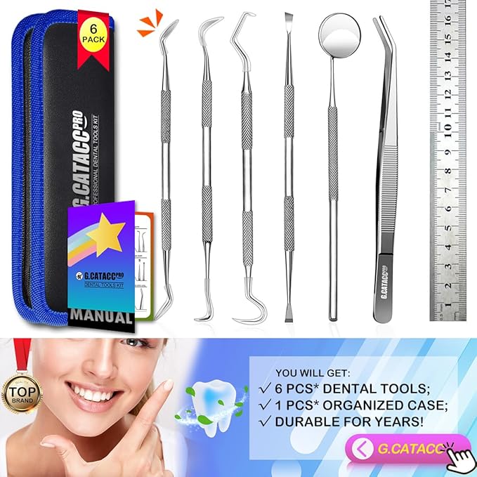 G.CATACC Dental Tools, Dental Pick Teeth Cleaning Tools Hygiene Kit, Plaque Remover for Teeth, Professional Stainless Steel Tooth Scraper Plaque Tartar Cleaner - with Case
