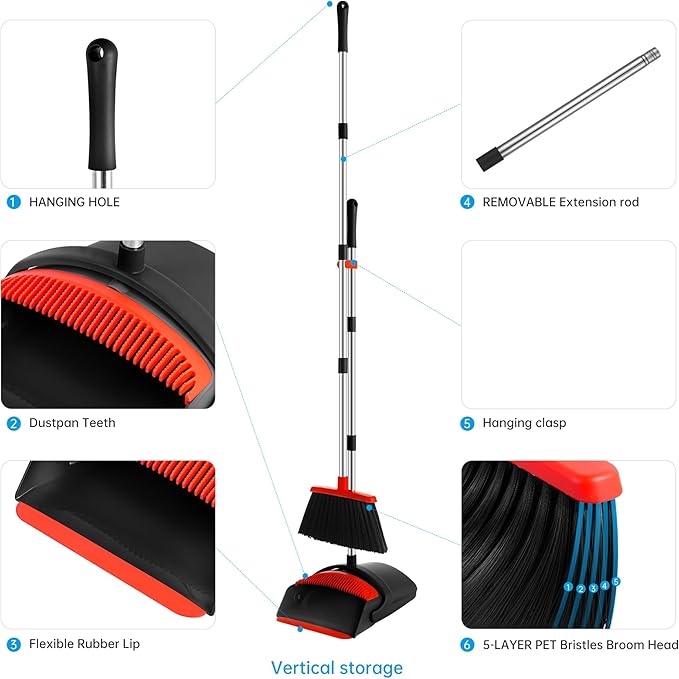 Broom and Dustpan Set, 52-in Long Adjustable Handle Broom with Dustpan Combo Set with Dust Pan Teeth for Home Office Kitchen Lobby Floor to Clean Pet Hair Indoor&Outdoor Cleaning