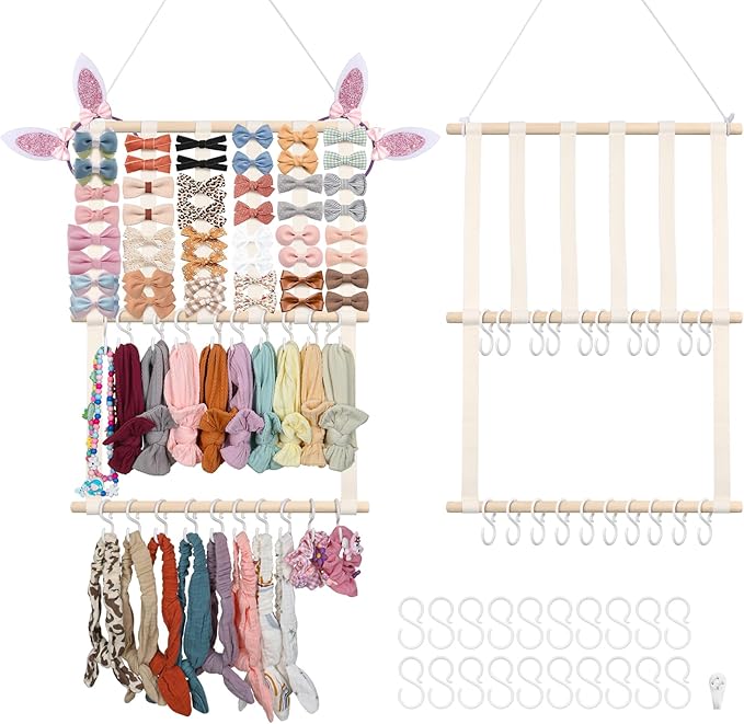 Bow Holder Organizer for Girls Hair Bows, 30x15in Large Headband Holder w/ 8 Ribbons & 20 Plastic Hooks, Wall Hanging Jewerly Clip Hair Accessories Organizer Storage for Baby Toddler(Beige)