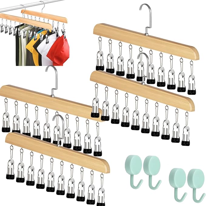 Closet Organizer with 10 Clips - Space Saving Hanging Closet Organizer, Legging Organizer for Closet Hanging, 360° Rotating Metal Clips with Silicone Lining for Hat Sock Clothes (4 Sets-B)