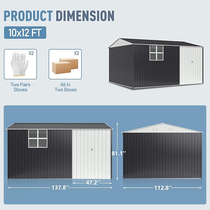 12x10 FT Outdoor Metal Storage Shed with Window, Heavy-Duty Galvanized Steel Tool Shed with Lockable Doors, Waterproof Garden Shed for Backyard, Patio, Lawn, Black