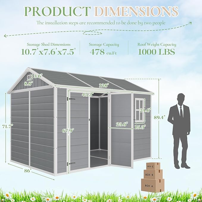 10.5 x 7.6 x 7.5 ft Outdoor Resin Storage Shed with Floor, Windows & Air Vents, Large Waterproof Tool Shed for Garden,Backyard,Lawn Equipment & Bikes,Grey