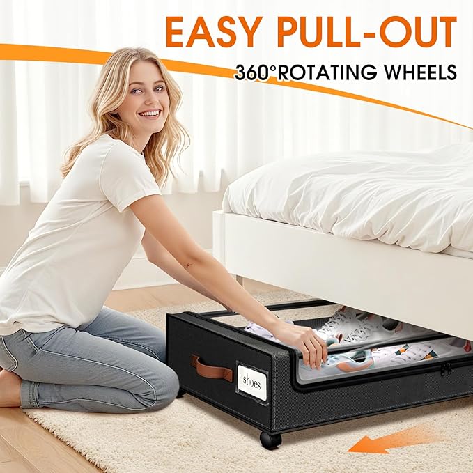 Under Bed Storage with Wheels 3Pack Storage Containers with Clear Window&Label Under Bed Drawers Rolling Under Bed Storage for Clothes,Shoes, Blankets (30.71 x 16.93 x 6.69 in, Black)