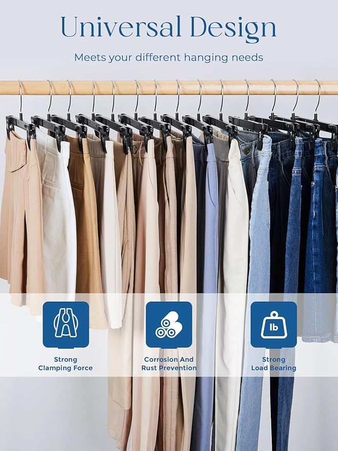 Smartor Space Saving Heavy Duty Hangers - 300 Pack, Slim Plastic Pants and Shorts Hangers, Ridged Non-Slip with Pinch Clips, 360-Rotating Chrome Swivel Hook, Black, 14 Inches