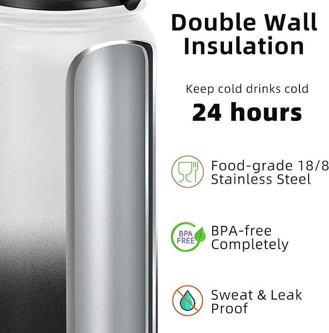 Fanhaw 40 oz Insulated Stainless Steel Water Bottle with Chug Lid, Leakproof & Sweat-Free Extra-Large Metal Bottle for Outdoor, Hiking & Gym (White Black)