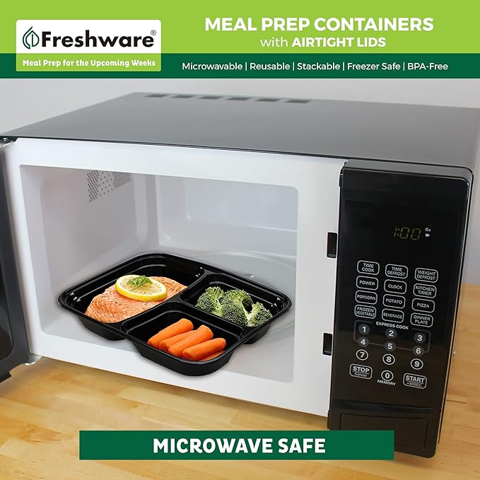 Freshware Meal Prep Containers [150 Pack] 3 Compartment Food Containers with Lids, Bento Box, Stackable, Microwave/Dishwasher Safe (32 oz)