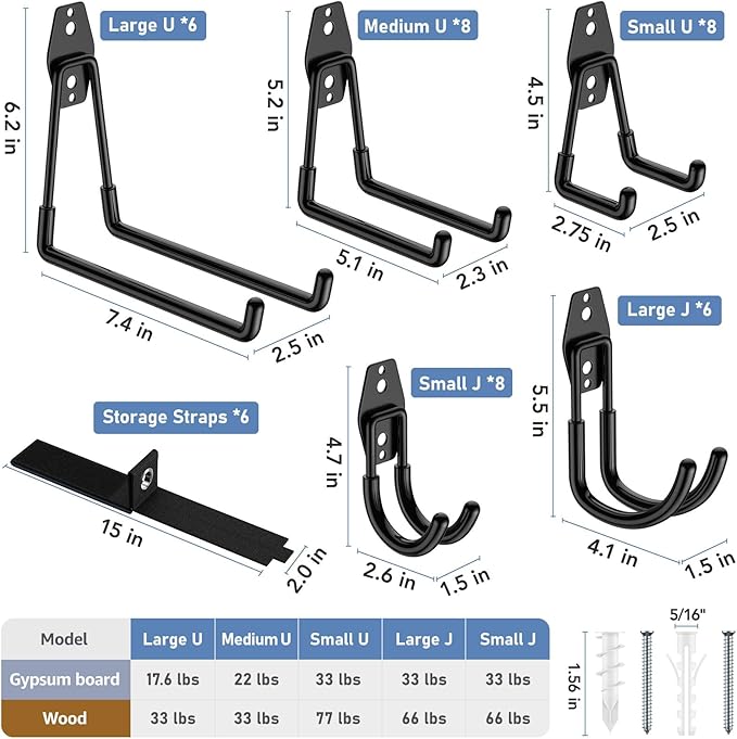 42 Pack Garage Hooks Heavy Duty, Rust-Resistant Solid Steel Wall Mount Hangers for Hanging Ladders & Bikes, Non-Slip PVC Coating Tool Organizer, 5 Sizes U & J Shapes + 6 Straps