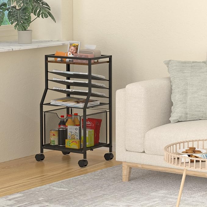 Rolling File Cart, 6-Tier Desk File Organizer on Lockable Wheels, Brown Wood Planks & Mesh Sliding Hanging Folder Drawer, Organization Cart for Office Home School
