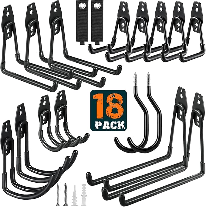 18 Pack Garage Hooks Heavy Duty Utility Steel with Anti-Slip Coating Wall Mount Storage Organizer for Hanging Power and Garden Tools, Ladders, Hose, Bikes, Ropes, Bulk Items, and More